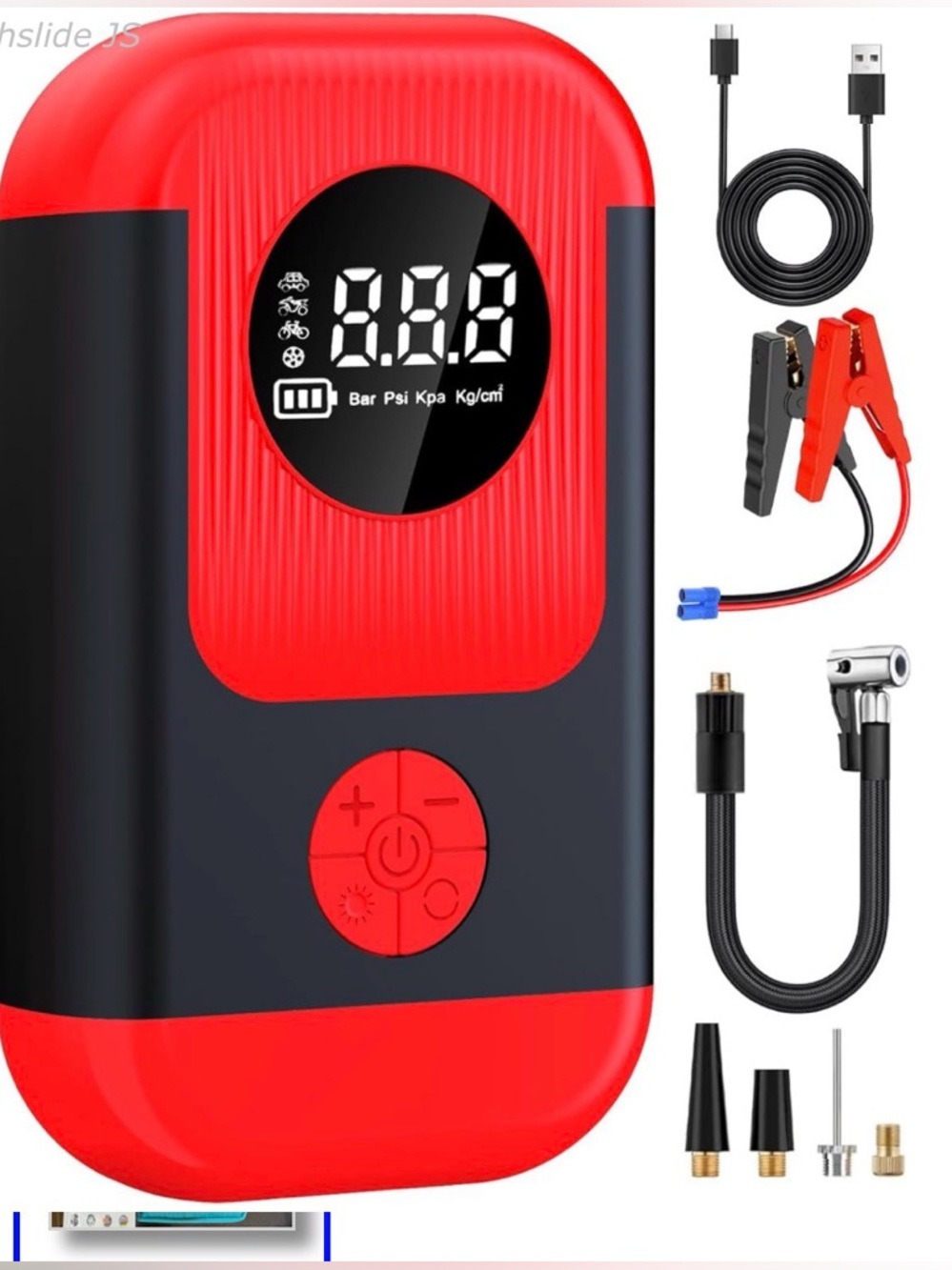 Car jumper with tire pump inflator and USB phone charger and light 28000 mAh